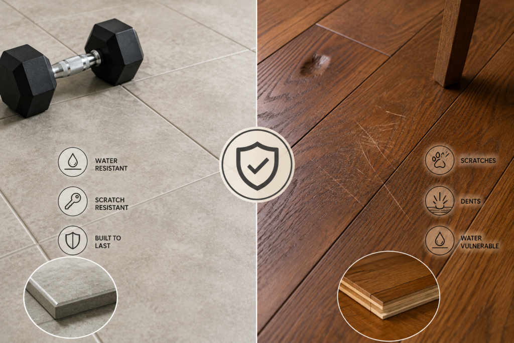 High-resolution comparison of tile and hardwood flooring durability, showing water and impact exposure on tile alongside scratches and dents on hardwood.