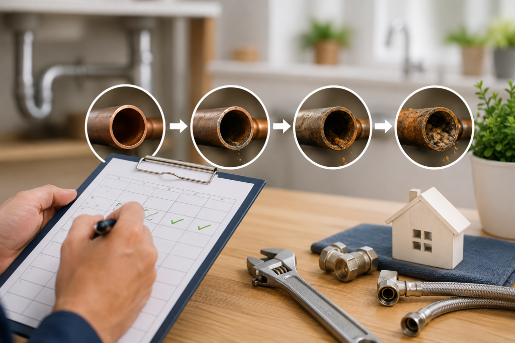 Clean wide rectangular image showing routine plumbing inspections preventing gradual pipe corrosion, buildup, and blockage in a residential home.