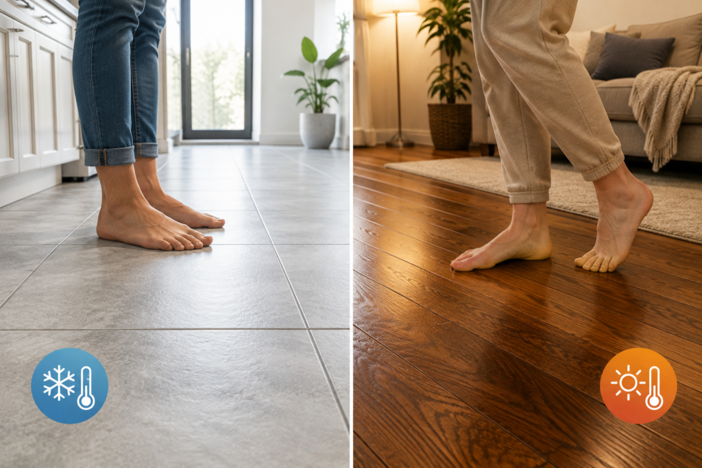 Barefoot comparison of cool tile flooring and warm hardwood flooring in modern American homes, highlighting differences in underfoot temperature and comfort.