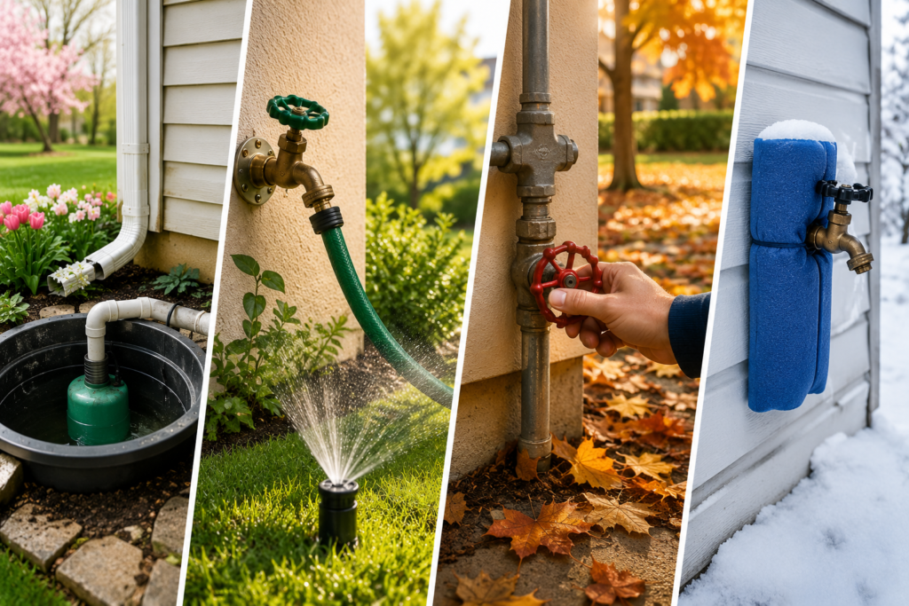 Wide rectangular featured image showing seasonal plumbing maintenance with spring sump pump care, summer outdoor water systems, fall shutoff valve preparation, and winter pipe insulation.