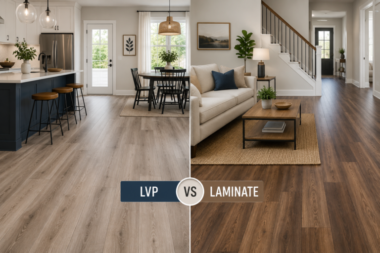 Split-screen comparison of LVP and laminate flooring in modern American home interiors.