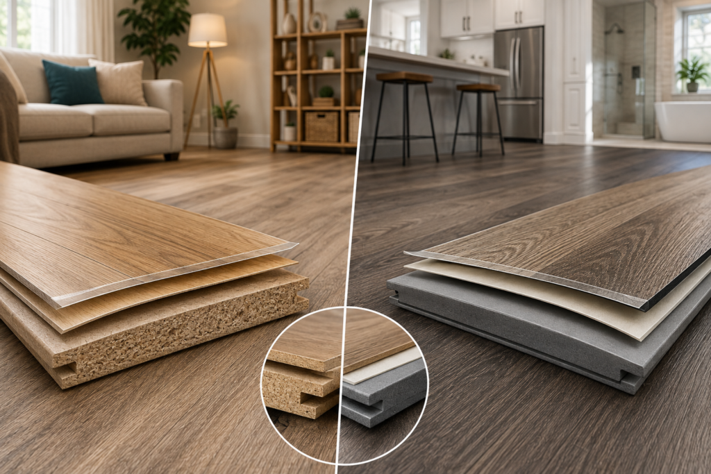 Close-up comparison of laminate and LVP flooring layers showing their different core constructions in modern home interiors.