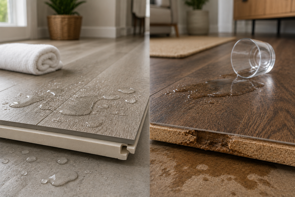 Close-up comparison showing water beading on waterproof LVP flooring versus moisture affecting laminate flooring.