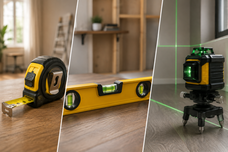 Tape measure, spirit level, and laser level arranged for common home improvement projects.