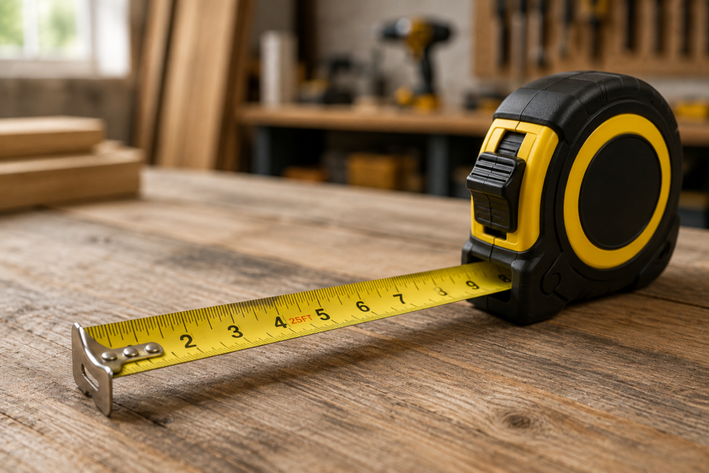 Retractable tape measure with flexible metal blade, measurement markings, locking mechanism, and metal hook extended across a workbench.
