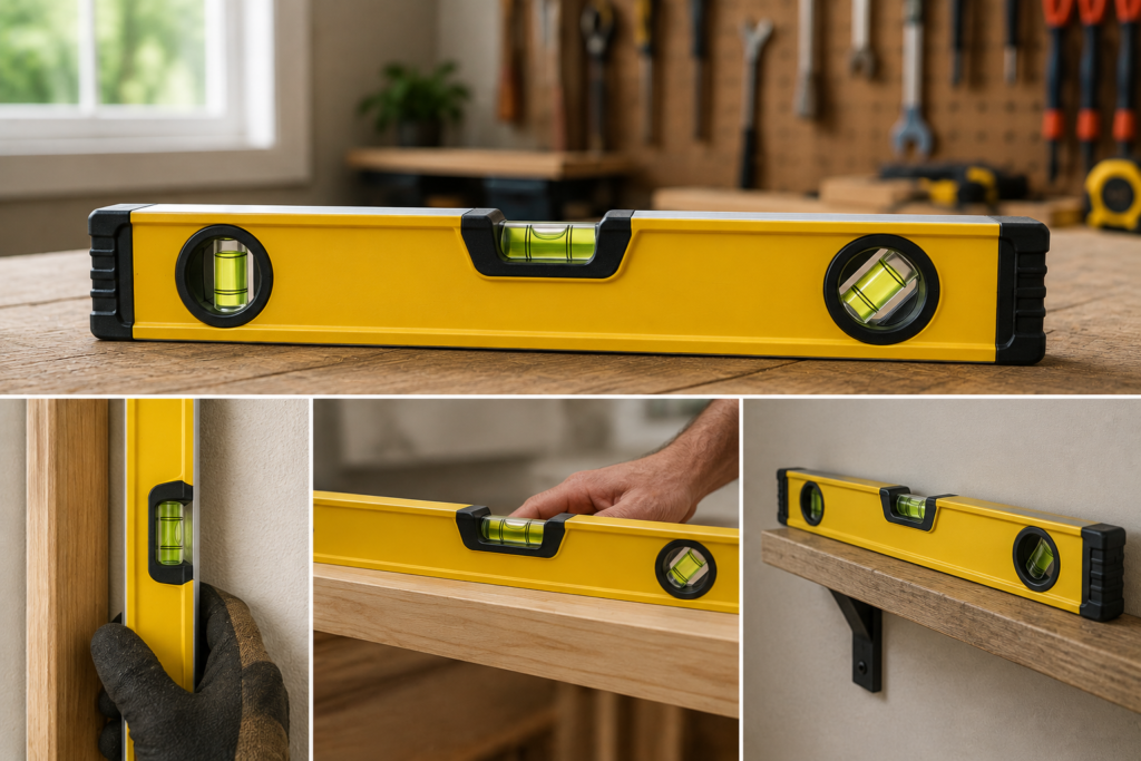 Yellow spirit level with bubble vials being used to check horizontal and vertical alignment during home improvement projects.