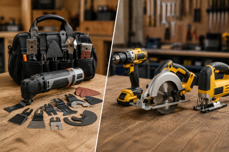 Multi-tool with interchangeable attachments compared with dedicated cordless drill, circular saw, and jigsaw in a home workshop.