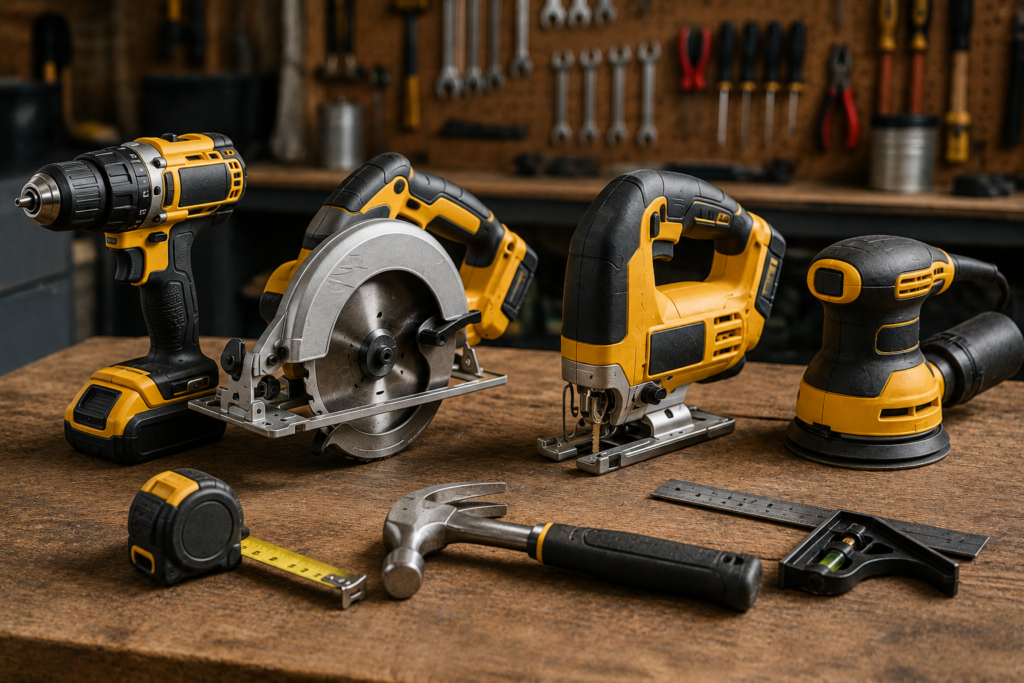 Dedicated individual power tools including a cordless drill, circular saw, jigsaw, and orbital sander arranged in a home workshop.