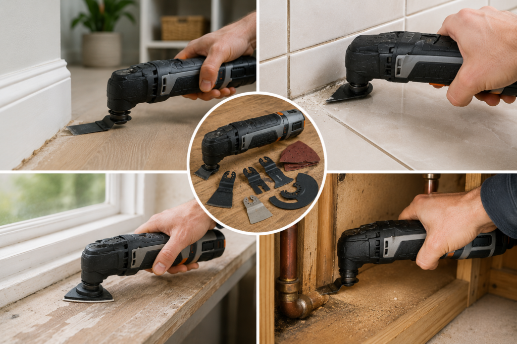 Oscillating multi-tool being used for light DIY tasks including grout removal, sanding, trim work, and tight-space repairs.