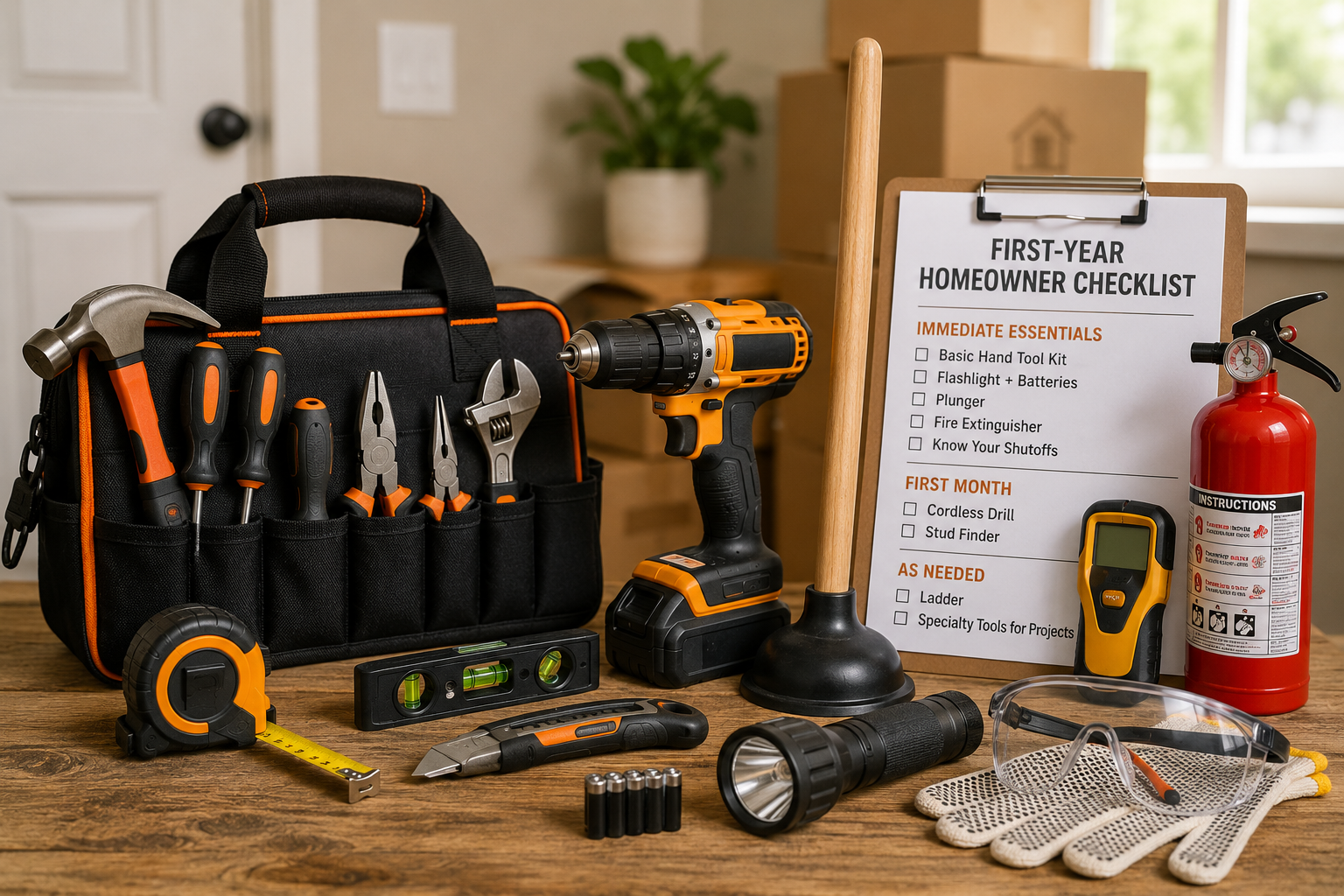 Essential tools arranged for a first-time homeowner, including a hammer, screwdrivers, pliers, wrench, tape measure, level, flashlight, plunger, and fire extinguisher.
