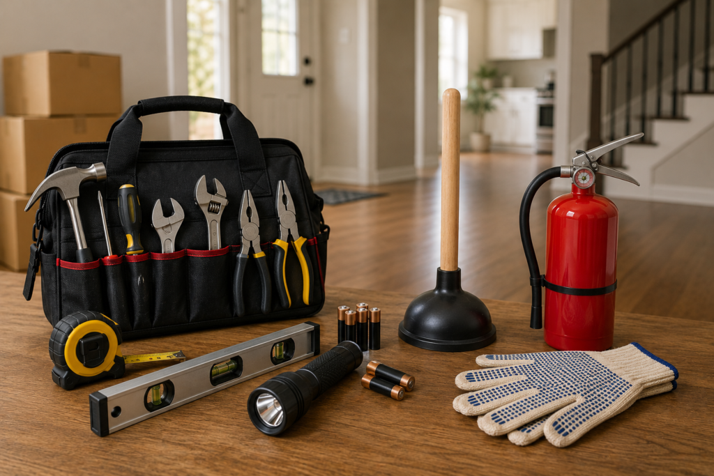 Essential hand tools, flashlight, plunger, fire extinguisher, and safety items arranged for a new homeowner before moving into a home.