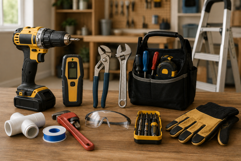 Cordless drill, stud finder, plumbing tools, step ladder, and other practical tools for a first-time homeowner’s first few months.