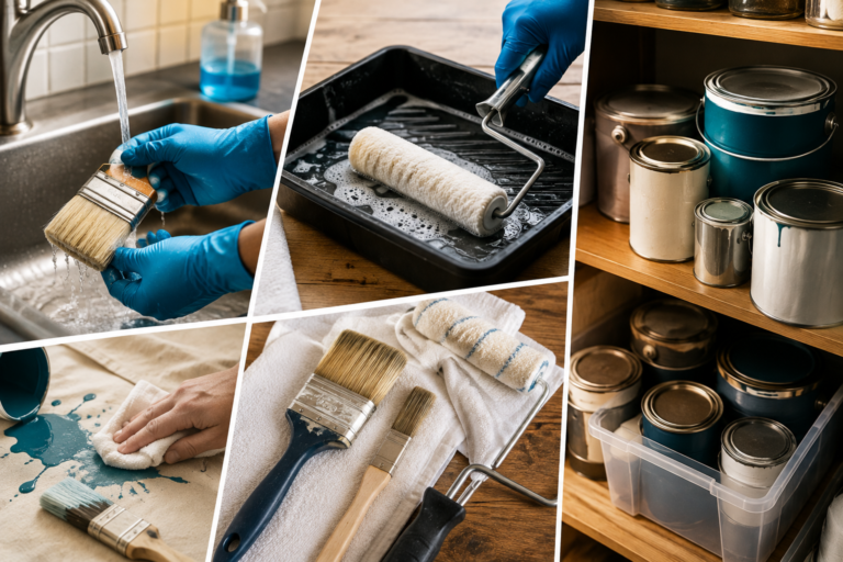 Homeowner cleaning paintbrushes and rollers, wiping fresh paint spills, and organizing leftover paint cans for proper storage.