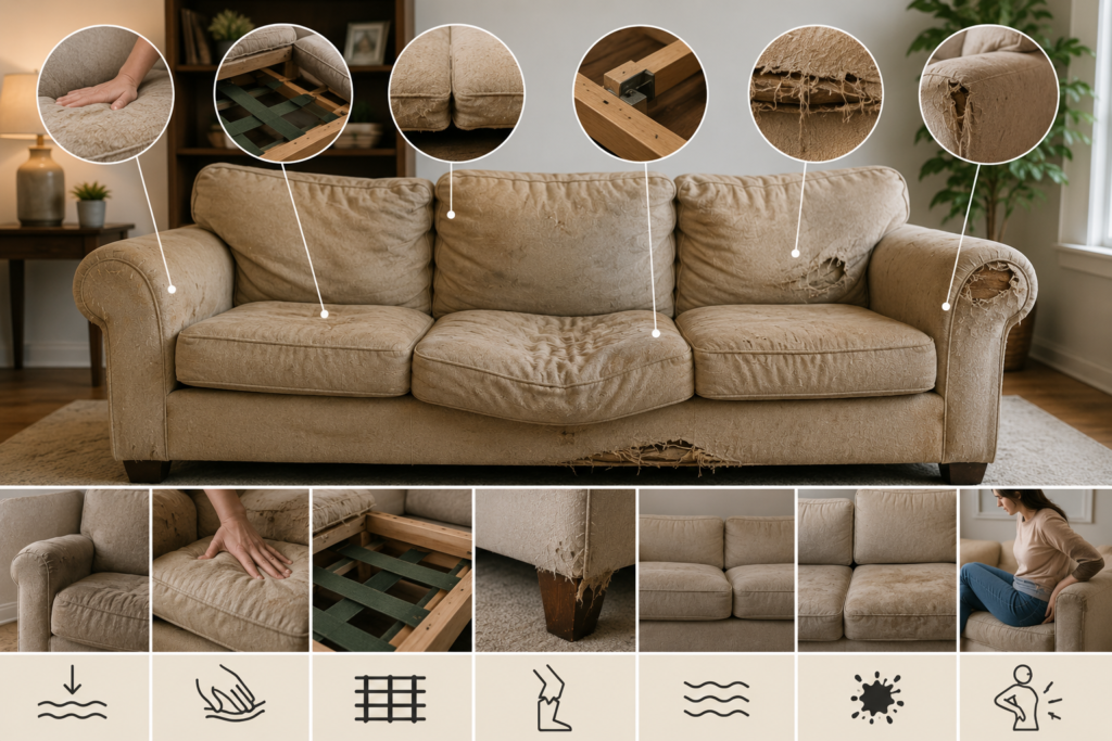 Worn beige sofa showing sagging cushions, damaged seat support, unstable frame components, frayed upholstery, and other visible signs that it may need replacement.