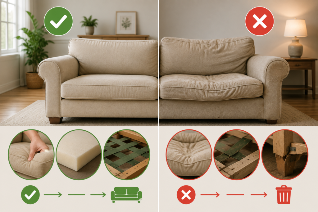 Side-by-side comparison of a sofa with healthy cushions and support versus one with sagging cushions, worn webbing, and damaged structural components, illustrating the difference between a cushion problem and a frame problem.