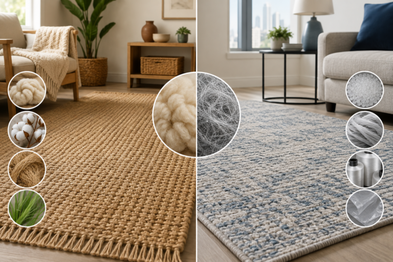 Side-by-side comparison of natural and synthetic rugs in modern American-style living rooms, showing natural wool, cotton, jute, and plant fibers versus synthetic fibers and rug materials.