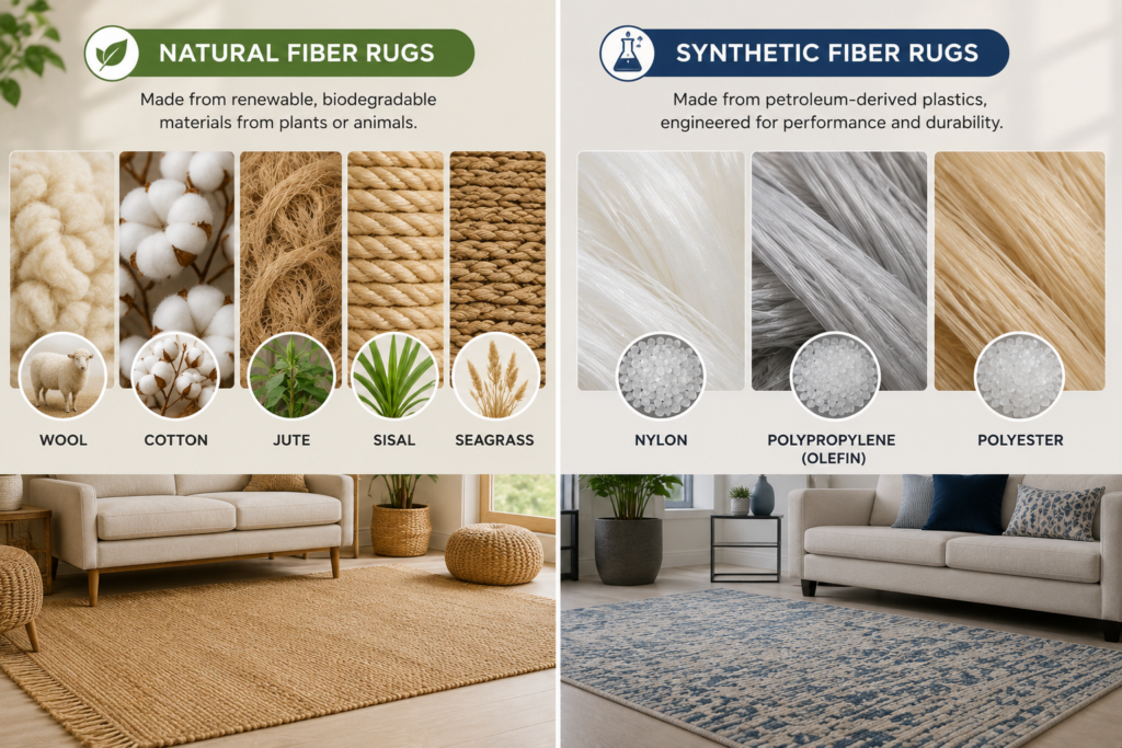 Split comparison of natural and synthetic rugs, showing wool, cotton, jute, sisal, and seagrass on one side and nylon, polypropylene, and polyester on the other.