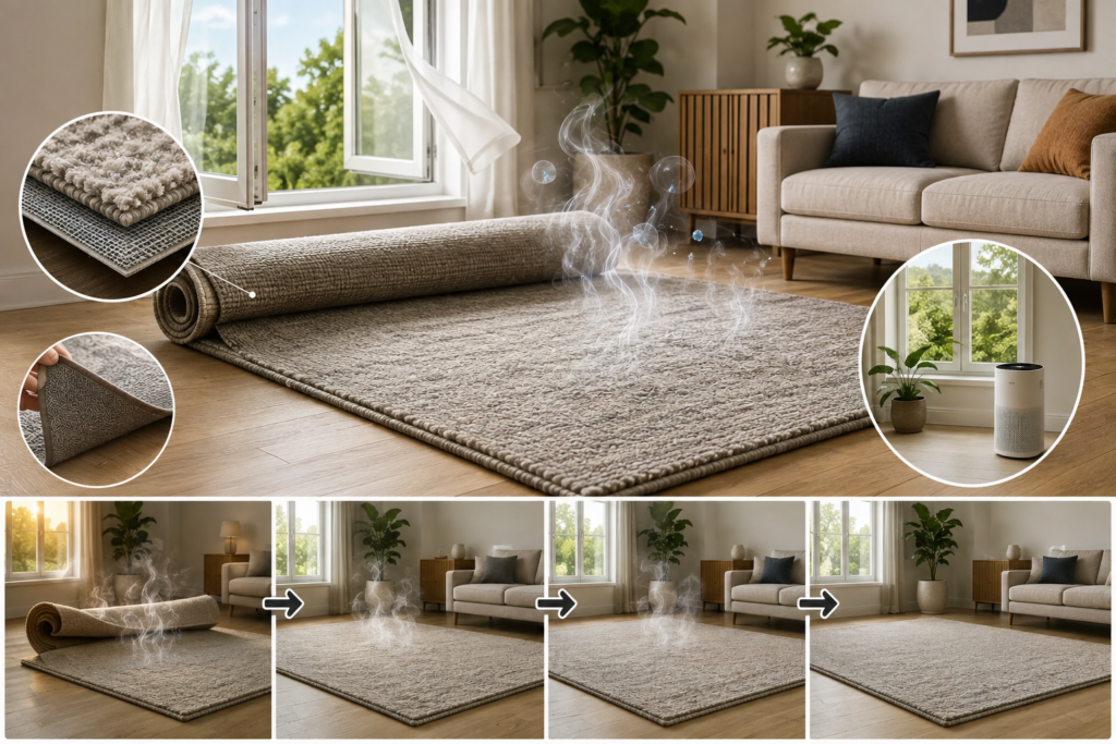 New rug airing out in a bright living room near an open window, with subtle vapor effects, visible rug layers, and an air purifier illustrating VOC off-gassing and ventilation.
