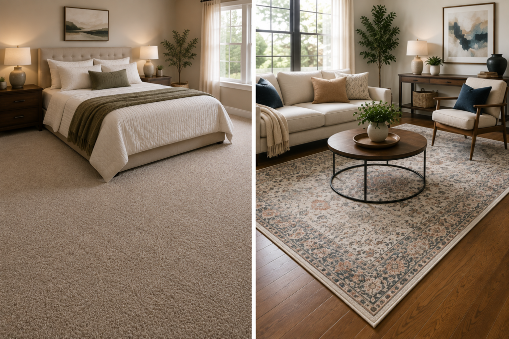 Cozy bedroom with seamless wall-to-wall carpet beside a stylish living room with a removable area rug over hardwood flooring.