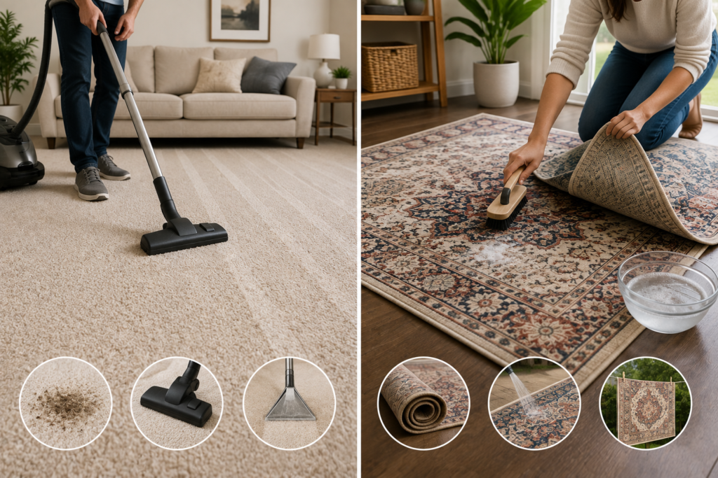 Split home-cleaning scene showing wall-to-wall carpet being vacuumed and an area rug being lifted, brushed, washed, and dried for easier maintenance.
