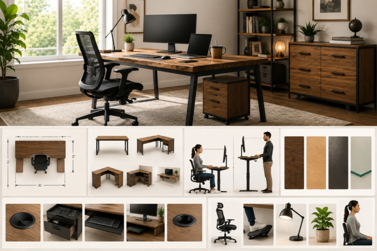 Modern home office with a spacious wooden desk, ergonomic chair, computer setup, storage furniture, and supporting visuals of desk styles, materials, ergonomic positioning, and useful accessories.