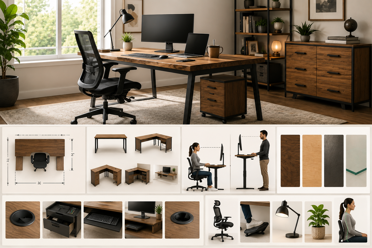 Modern home office with a spacious wooden desk, ergonomic chair, computer setup, storage furniture, and supporting visuals of desk styles, materials, ergonomic positioning, and useful accessories.
