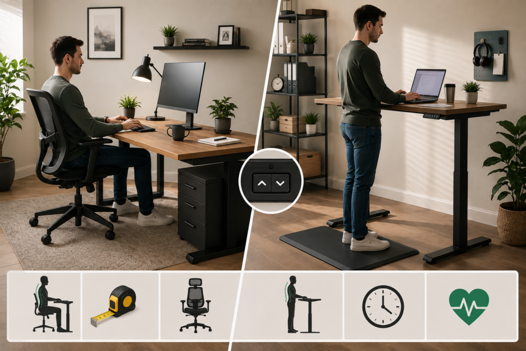Split home-office scene comparing a seated fixed-height desk with an ergonomic chair and a height-adjustable standing desk with an anti-fatigue mat and laptop setup.