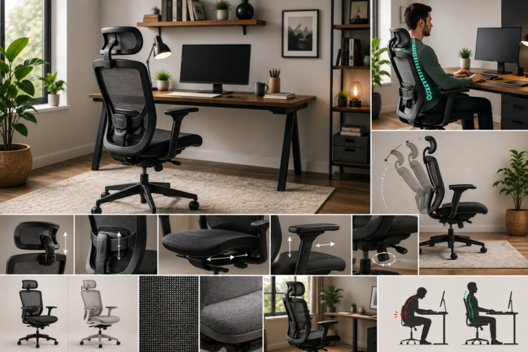 Modern ergonomic office chair in a home office with adjustable lumbar support, seat depth, armrests, headrest, recline function, breathable mesh, and proper posture support.