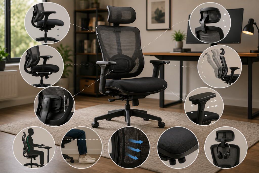 Ergonomic office chair in a modern home office with adjustable seat height, seat depth, lumbar support, reclining backrest, adjustable armrests, supportive seating, and breathable mesh.