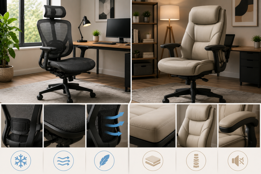Split comparison of a breathable black mesh ergonomic office chair and a plush cushioned foam chair, showing their different comfort, airflow, and support characteristics.