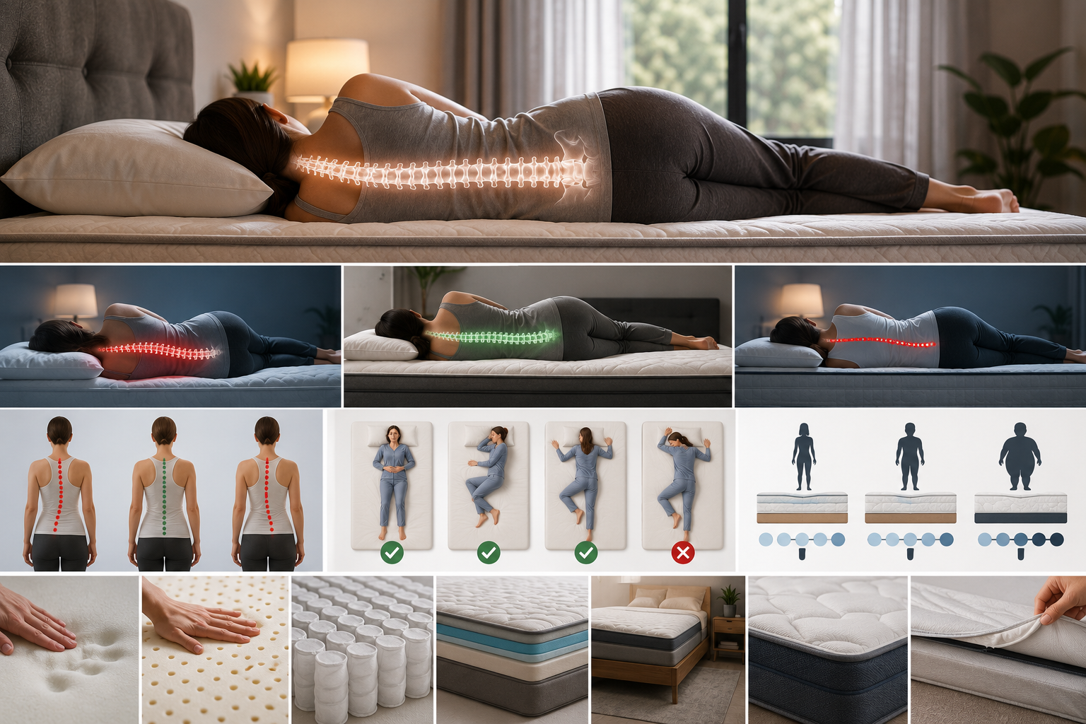 Person sleeping comfortably on a supportive mattress with natural spinal alignment, alongside visual comparisons of mattress firmness, sleep positions, body types, and mattress materials.