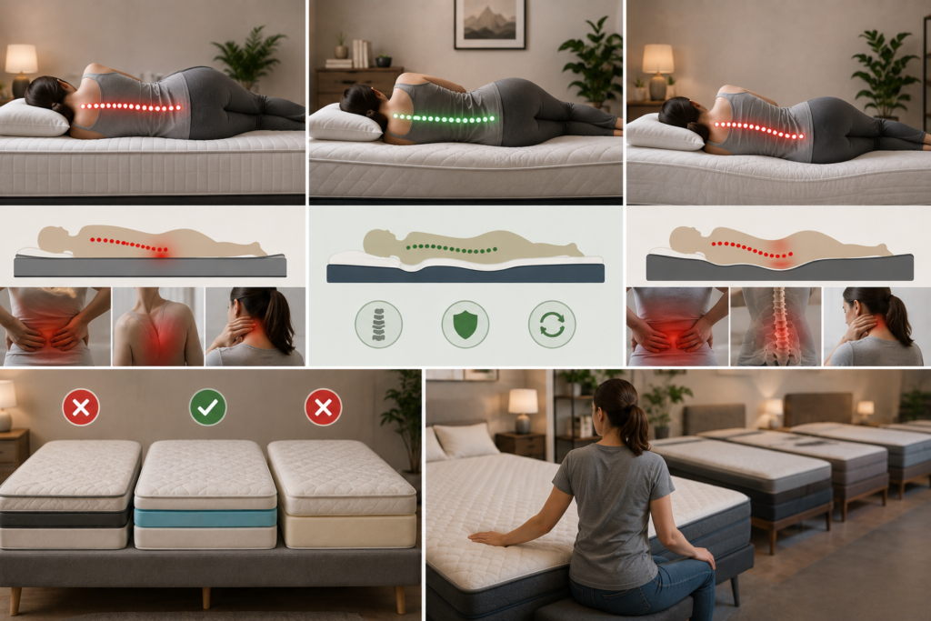 Comparison of overly firm, medium-firm, and overly soft mattresses showing differences in spinal alignment, pressure points, and overall sleeping comfort.