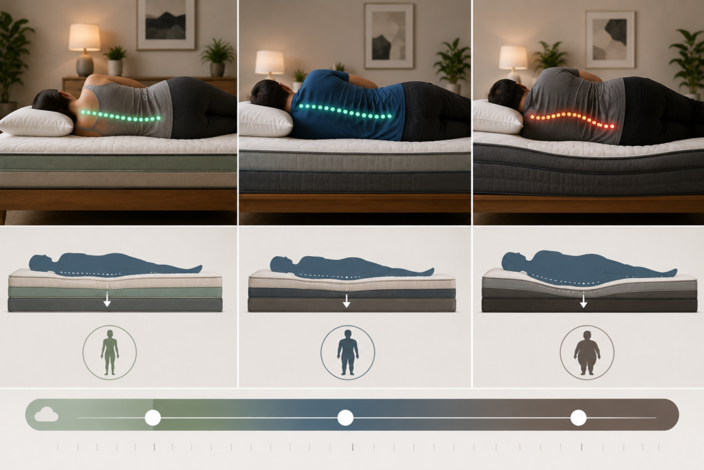 Side-by-side mattress comparison showing how different body weights affect mattress compression and spinal alignment, with lighter and heavier sleepers experiencing different levels of sink.