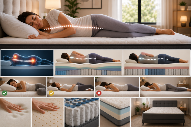 Side sleeper resting on a supportive mattress with neutral spinal alignment, pressure relief at the shoulder and hip, and visual comparisons of mattress construction and sleep positions