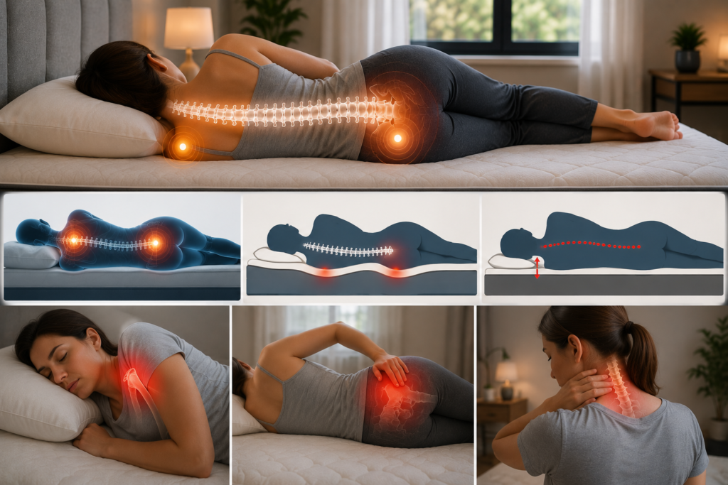 Side sleeper resting on a mattress with highlighted shoulder and hip pressure points, spinal alignment, neck positioning, and mattress support illustrating why side sleeping can cause discomfort.