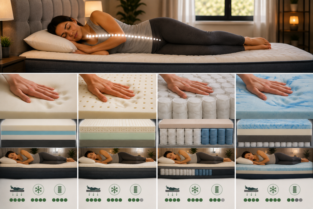 Side sleeper resting on a supportive mattress alongside visual comparisons of memory foam, latex, pocket coils, and hybrid mattress constructions for pressure relief, cooling, and spinal support.