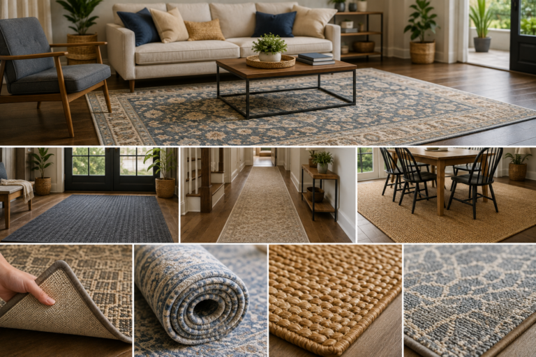 Durable high-traffic rugs displayed in a modern American home, including a patterned living room rug, low-pile entryway runner, hallway rug, woven dining room rug, and close-ups of durable rug construction and fibers.