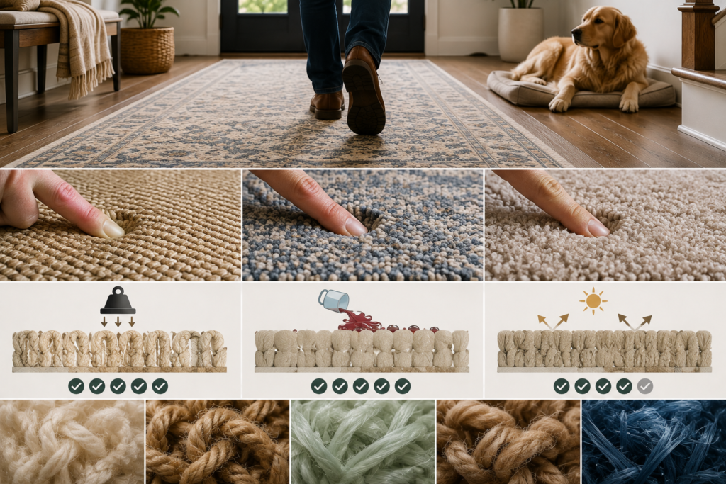 High-traffic hallway rug with close-up comparisons of natural and synthetic rug fibers, illustrating differences in crush resistance, stain resistance, fade resistance, and long-term durability.