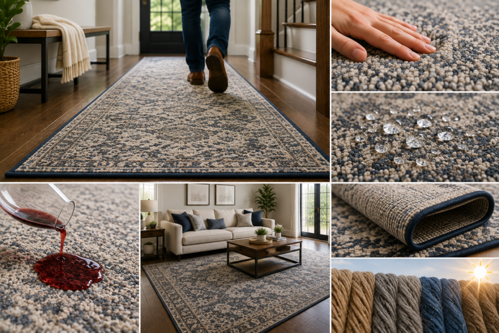 Durable nylon rug in a high-traffic hallway and living room, with close-ups showing dense fibers, water resistance, spill resistance, reinforced edges, and fade-resistant construction.