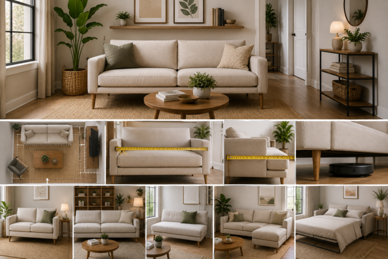 Compact sofa ideas for small living rooms, showing a slim-profile sofa with raised legs, space-saving layouts, measurement planning, and loveseat, sectional, and sofa-bed options.