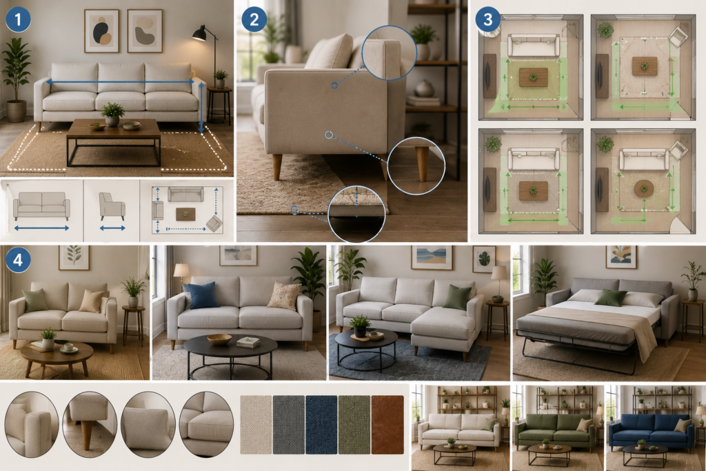 Small living room sofa selection guide showing sofa measurements, depth and clearance checks, visual-weight details such as slim arms and raised legs, floor-plan layouts, and compact loveseat, sofa, sectional, and sleeper options.