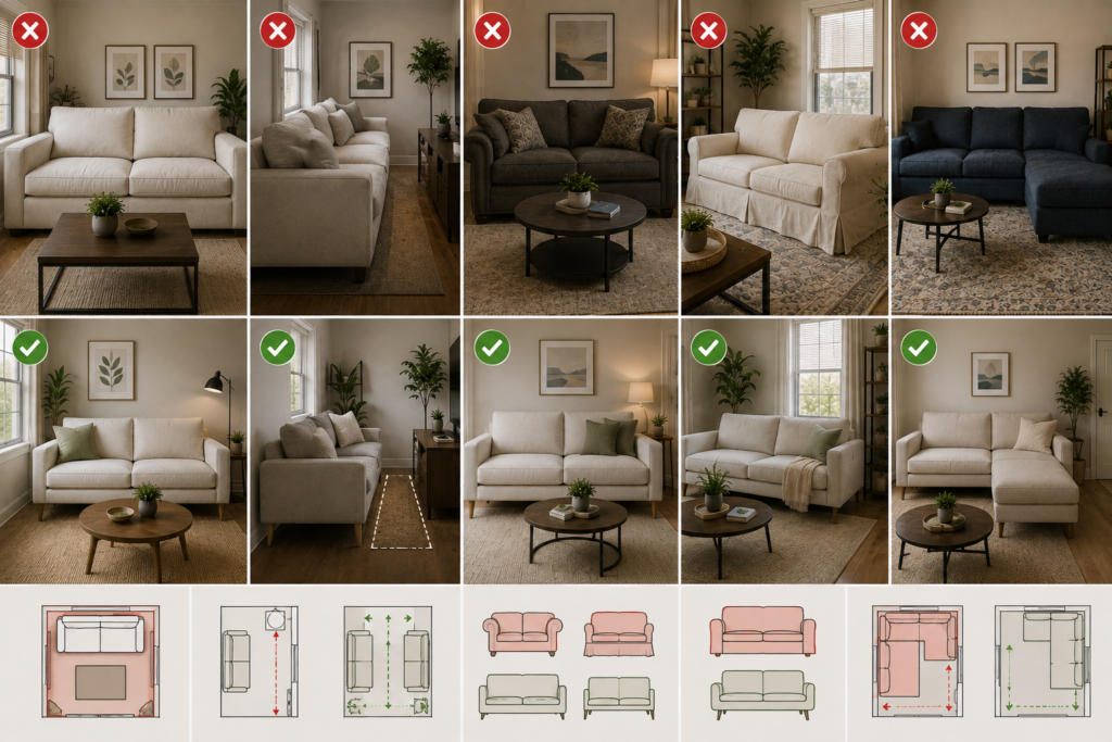 Small living room sofa mistakes and solutions, showing oversized sofas, blocked walkways, bulky designs, dark upholstery, and poor proportions compared with slim, space-saving sofas and open layouts.