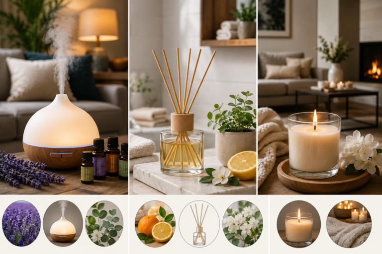 Comparison of an essential oil diffuser, reed diffuser, and scented candle in cozy home settings, showing mist, fragrance reeds, candlelight, lavender, citrus, flowers, and relaxing décor.
