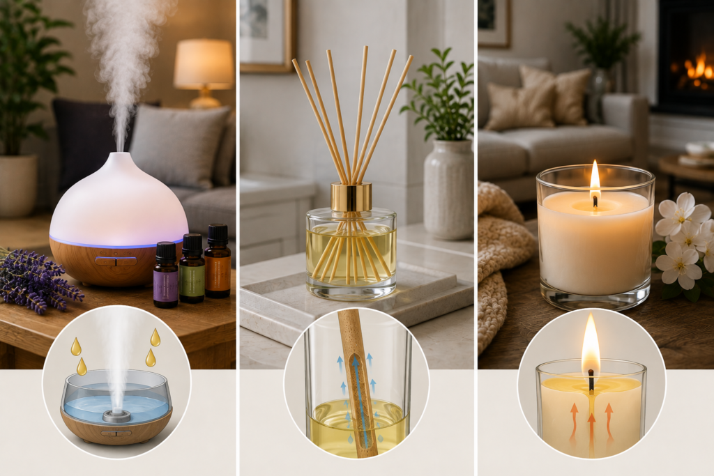 Visual comparison of an essential oil diffuser producing mist, a reed diffuser wicking fragrance through reeds, and a scented candle releasing fragrance through heated wax.