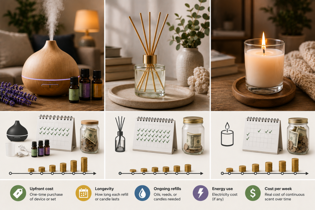 Comparison of the real costs of essential oil diffusers, reed diffusers, and scented candles, showing upfront price, refill needs, longevity, energy use, and long-term weekly fragrance costs.