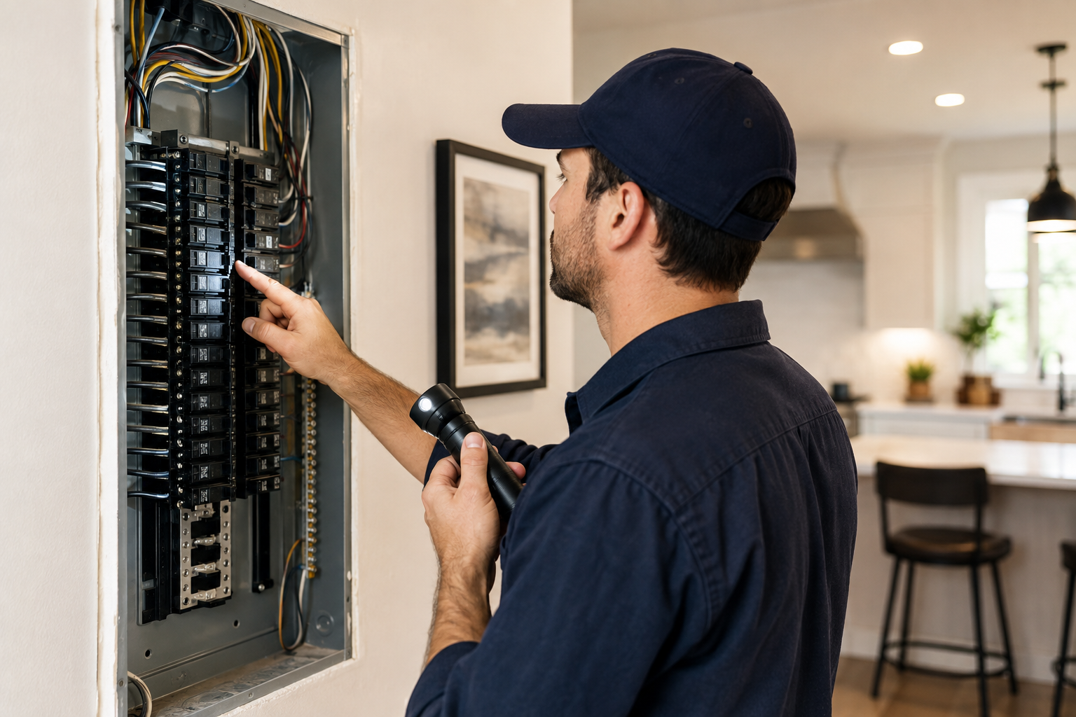Licensed electrician inspecting a residential electrical panel to determine when professional electrical service is needed.