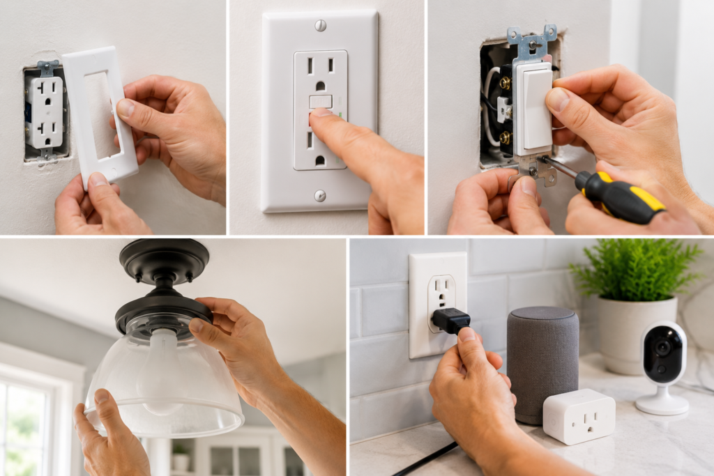 Homeowner safely handling simple electrical DIY tasks such as replacing an outlet cover, resetting a GFCI, changing a light switch, installing a light fixture, and using plug-in smart devices.