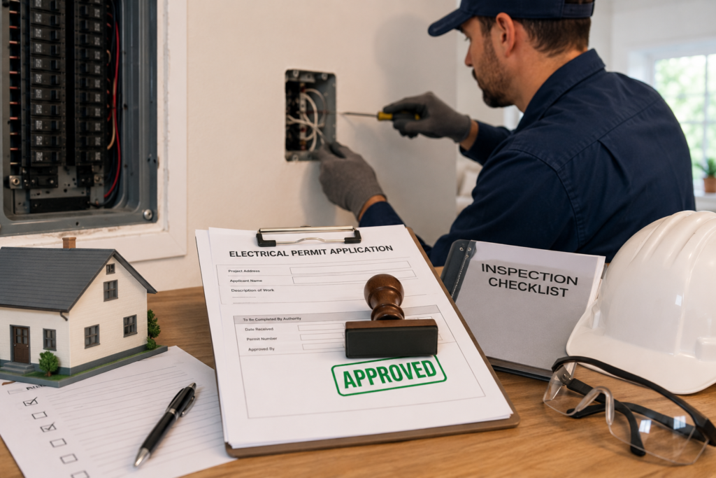 Licensed electrician inspecting a home electrical panel while reviewing an approved electrical permit and inspection documents.