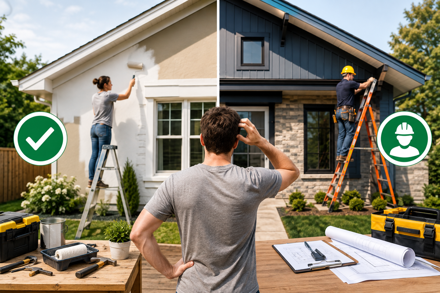 Homeowner deciding between a DIY home improvement project and hiring a professional contractor for a larger renovation.