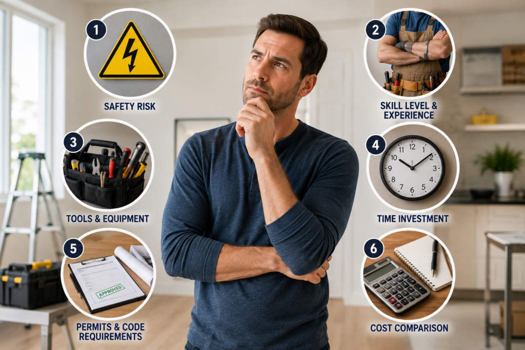 Homeowner considering key factors before starting a DIY project, including safety, skill level, tools, time, permits, and cost.